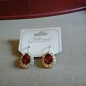 Red Ruby & white silver rhinestone earrings